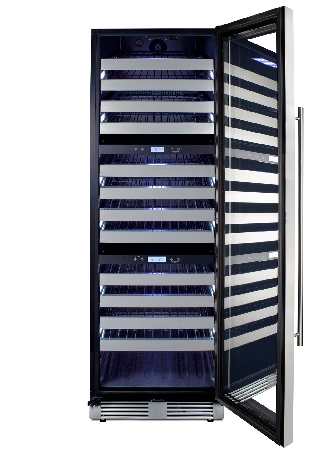 Triple zone 149 bottle commercial wine cellar for built-in or freestanding use, with a glass door with seamless stainless steel trim, digital thermostats, full-extension shelving, and factory-installed lock